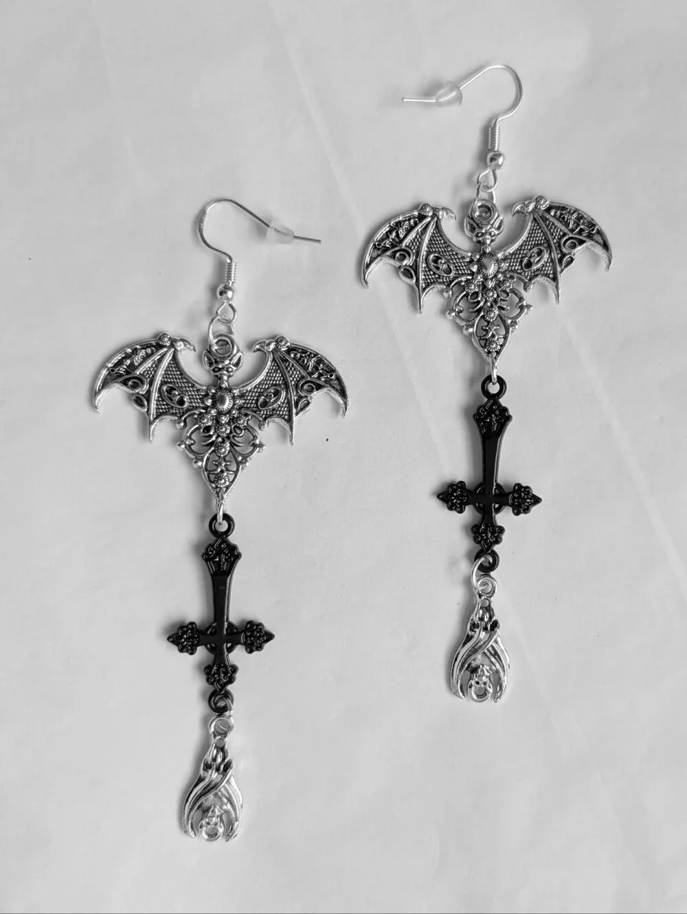 NWT Large Handmade Silver Double Bat Dangly Inverted Cross Earrings
